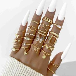 Band Rings 23pcs set gold color rings Hollow Flower Butterfly Star Ring for women boho vintage geometric chain Finger rings party Jewelry x0625