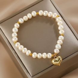 Natural pearl bracelet women Elegant sweet love charm beaded elastic bracelet fashion jewelry