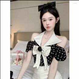 Women's Blouses Women's Sexy Cold Shoulder Black White French Porka Dot Shirt Sweet Short Puff Sleeves Cute Bow Slim Shirts Summer