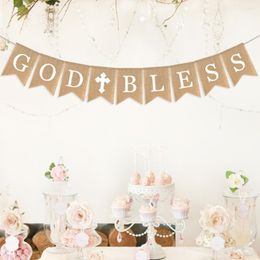 Decorative Flowers Garland Decor God Bless Baptism Banner Burlap Swallowtail Flag Christening Communion Party White Rustic Bunting