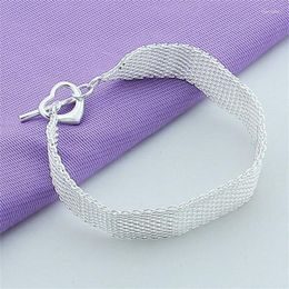 Link Bracelets Chain Simple Flat Mesh Bracelet 925 Silver Heart TO Buckle For 2023 Women Ladies Jewellery Luxury Wedding Party Gifts