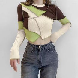 Women's T Shirts Arrival Round Neck Long Sleeve Street Wear Patchwork Short Midriff-baring Fashion Buttom Shirt