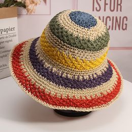 Women's Wide Brim Rainbow Matching Straw Hats Summer Foldable Bohemian Style Bucket Hat