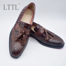 British Style Distressed Brown Tassel Loafers Casual Shoes Crocodile Pattern Genuine Leather Shoes For Men With Free Shipping