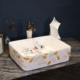 Countertop bowl art porcelain Ceramic bathroom sink wash basin rectangular leaf pattern Tqhks