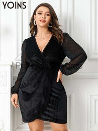 Casual Dresses YOINS Plus Size 4XL Women Elegant Evening Dress 2023 Dot Sexy V Neck Patchwork Mini Vestidos Black Wrap Long Sleeve Party Robe x0625