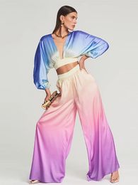 Women's Two Piece Pants Satin Gradient Print Trouser Sets Women Sexy V-neck Long Sleeve Crop Top And Wide Leg Suit Ladies Elegant 2 Outfits