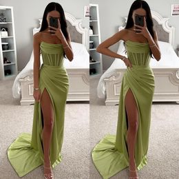 Strapless Green Prom Dress with Bone Bodice and Pleated Sheath