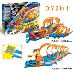 Diecast Model car Track Catapult Rail Car Toys For Kids Stunt Speed Double Car Track Diy Assembled Rail Kits Alloy Car Metal Racing Children Toy 230621