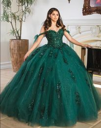 Emerald Green Princess Quinceanera Dresses Off Shoulder Gillter Applique Lace-up Corset Lilac vestidos de 15 quinceanera