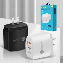 25W AC Quick Charge QC3.0 PD USB Type C Mobiltelefonväggladdare Adapter Fast Charging för 15 14 13 Pro och Samsung EU UK US Plug Dual Ports iPhone Charger