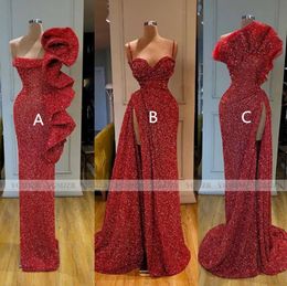 Sparkly Sequin Red Long Evening Dresses spaghetti straps Mermaid Sleeveless Sexy High Side Slit African Black Girls Formal Party Prom Gown
