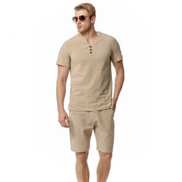 Men's Tracksuits Summer Mens Cotton Linen Vneck Beach Suit Tshirt Shorts Sets Sports Thin Slim Fit Soft Tracksuit Men Clothes Joggers Gym 230625