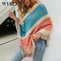 Women's Sweaters WYBLZ Spring Autumn Women Tassel Knitted Sweater Poncho Sexy Striped V Neck Irregular Hem Casual Loose Pullover Jumper