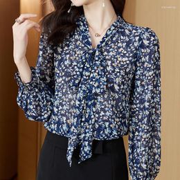 Women's Blouses Floral Print Blue Chiffon Shirt Spring Summer Fashion Blouse 2023 Long Sleeve Bow Tie Collar Casual Elegant Clothing For