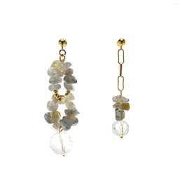 Stud Earrings Lii Ji 925 Sterling Silver Natural Labradorite Clear Quartz Asymmetric Gold Plated