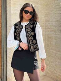 Woman Sequin Embroidered Velvet Vest Tops Fashion Vintage Sleeveless O-Neck Black Vests 2023 Spring Causal Slim Street Lady