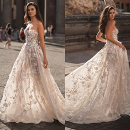 Berta A Linie Kleider für Braut Schatz Rückenless Hochzeitskleid Vestidos de Novia 3d Applikes Spitzendesigner Brautkleider