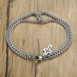 Charm Bracelets Silver Colour Box Chain Stainless Steel Bracelet For Men Small Cross Casual Jewellery Gift