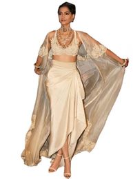 India Sarees Sexy Evening Dresses With Jacket And Sleeves V Neck Appliques Robe De Soiree Chiffon Long Evening Dress Vestidos