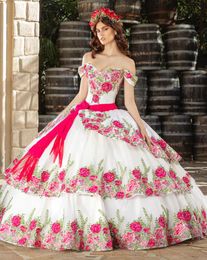 Sweetheart Bodice Adorned Charro Quinceanera Dresses Off Shoulder Floral Embroidery Lace-up Corset Prom vestidos xv anos