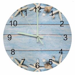 Wall Clocks Beach Starfish Blue Wooden Texture Luminous Pointer Clock Home Ornaments Round Silent Living Room Office Decor