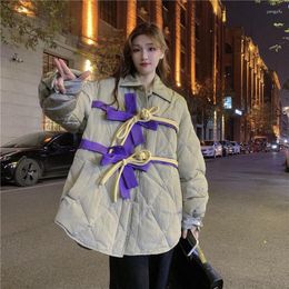 Women's Trench Coats Bow Button Bandage Pocket Algyle Panelled Jacket Cotton Fashion Winter Japan Preppy Sweet Woman Over Coat