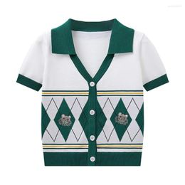 Women's Knits Summer Thin Slim Argyle Cartoon Embroidery Knitted Cardigan Women Fashion V-Neck Puff Short Sleeve White Green Ladies Sweater