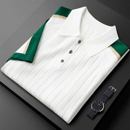 Men's Polos Premium soft elastic knitted polo shirt Men's short-sleeved summer fashion Korean color contrast stripe short-sleeved t-shirt 230621