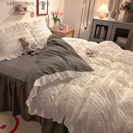 Korean Ins Princess Bedding Seersucker Duvet Cover Puff Lace Bed Sheet for Girl Princess Quilt Cover Washed Cotton Bed Linens L230522