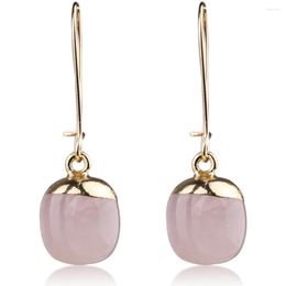 Stud Earrings Rose Quartz Stone Dangle Gold Color Ear Hook Pink Crystal For Women Jewelry