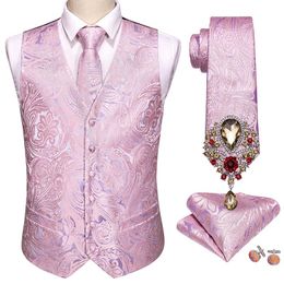 Brooches 5PCS Designer Mens Wedding Suit Vest Pink Paisley Jacquard Folral Silk Waistcoat Tie Brooches Vest Set Barry.Wang Groom