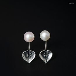 Stud Earrings S925 Sterling Silver Rear Hanging Freshwater Pearl Old Calla Lily Dual-purpose Female Retro Literary Personali
