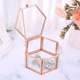 Jewellery Pouches Hexagon Transparent Rose Gold Glass Ring Box Wedding Geometric Clear Organiser TabletopHolder