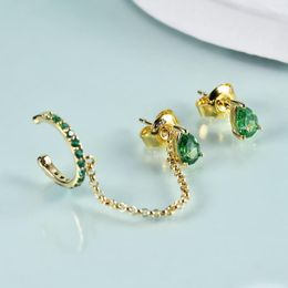 Stud Earrings GEM'S BEAUTY 14K Gold Filled Sterling Silver Ear Cuff Dark Emerald CZ Long Chain For Women Wedding Jewellery