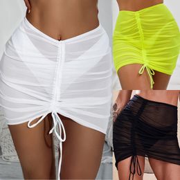 Women's Swimwear Women Mesh Swimsuit Cover Up Sheer Skirt drawstring Beach Wrap Bikini For Drawstring 230625