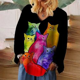 Fashion Womens Long Sleeves T-Shirts 3d Art Cat Print Tops Tee Casual Streetwear Summer Woman Oversized Long Sleeved Clothing L230619