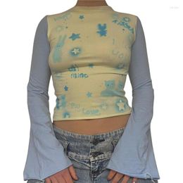 Women's T Shirts Xingqing Kawaii Crop Top Y2k Aesthetic Fairy Grunge Print Round Neck Flared Long Sleeve 2000s Graphic Clothes