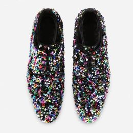 New Italy Style Mixed Colours Sequin Shoes Men Dress Shoes Luxury Handmade Glitter Shoes Mens Flats Party And Wedding Shoes