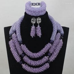 Necklace Earrings Set Design Lilac Beads Wedding Jewellery Chunky Costume African Nigerian Crystal Bridal SetABL846