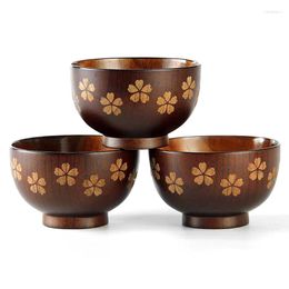 Bowls 1Pc Wood Bowl Japanese Rice Soup Cute Flower Leaf Pattern Small Wooden For Kids Serving Kitchen Tableware