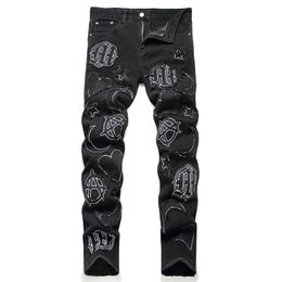 Estilo Punk Calça Jeans Masculina Rasgada com Buraco Bordado Solta Calça Reta Casual Moda Cowboy Jeans