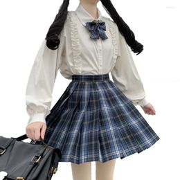 Work Dresses 2023 Spring Summer Women Sets Kawaii JK Skirt Suits Long Sleeve White Shirt And Plaids Pleated Mini Two Piece Set