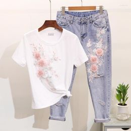 Women's Tracksuits Women's Summer Two Piece Denim Suit Pin Bead Embroidery Solid Flower Short Sleeve T-shirt Ripped Cropped Jeans