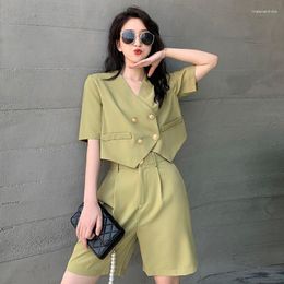 Women's Tracksuits 2PCS Casual Suits Women's Summer Short Sleeve Tops Wide Leg Shorts Two Piece Set Fashionable Temperament Slim Green