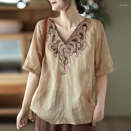 Ethnic Clothing Vneck Women's Linen Hanfu Shirt Retro Chinese Style Tang Suit Casual Wear Embroidered Summer