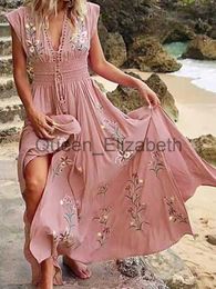 Casual Dresses Summer Maxi Dress Women Elegant Vintage Sleeveless V Neck Floral Print Large Hem Long Polyester Dress for Party Dating Daily J230625