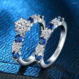 Cluster Rings HOYON Luxury Sapphire Blue Gemstone Zircon Ring Set For Couple Imitation Main Diamond Tip Women's Jewellery Free Ship