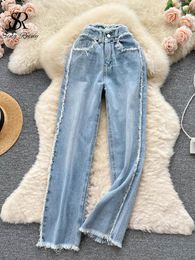 Women's Pants SINGREINY Fashion Wide Leg Long Jeans 2023 Women Pocket Design Sweet Straight Trousers Ladies Streetwear Tassel Casual Denim