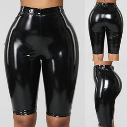 Women's Shorts Women Faux Pu Leather Pants Push Up High Waist Skinny Pencil Solid Knee Length Slim Bottoms Sexy Female